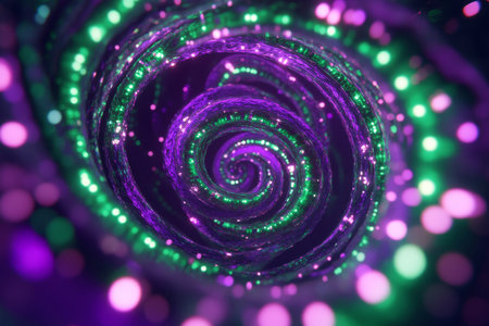 Abstract glowing helix, dynamic neon purple and green spirals twisting gracefully, futuristic and boldの素材