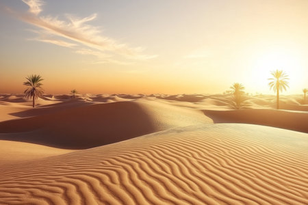 Textured desert dunes, smooth beige ripples under golden sunset light, serene and aridの素材