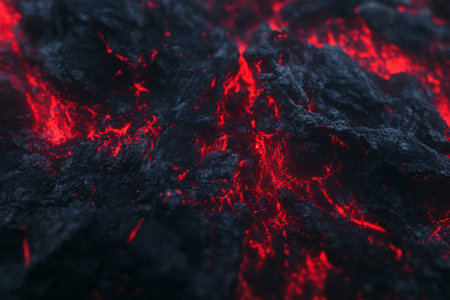 Textured volcanic lava flow, glowing red and black rugged surfaces with visible heat, bold and intenseの素材