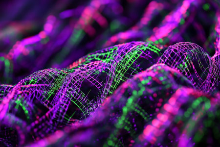 Abstract glowing thread texture, intricate neon purple and green lines twisting gracefully, futuristic and intricateの素材