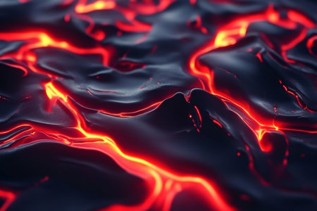 Abstract liquid lava texture, vibrant red and black flows glowing intensely, dramatic and boldの素材