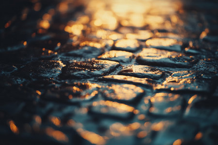 Textured wet cobblestones, dark gray stones glistening with rain under soft golden light, urban and naturalの素材