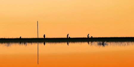 A tranquil rice field at sunset, with water reflecting the orange sky and workers harvesting the crop. The peaceful rural setting evokes simplicity and tradition.の素材