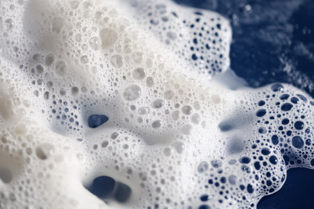 Textured ocean foam, soft white bubbles contrasting against deep blue water, natural and sereneの素材