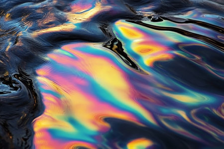 Abstract oil slick texture, vibrant rainbow hues blending on a dark surface, fluid and mesmerizingの素材