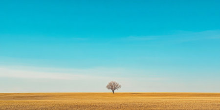 A peaceful countryside field with a lone tree standing under a bright blue sky. The simple, open landscape evokes a sense of freedom and tranquility.の素材