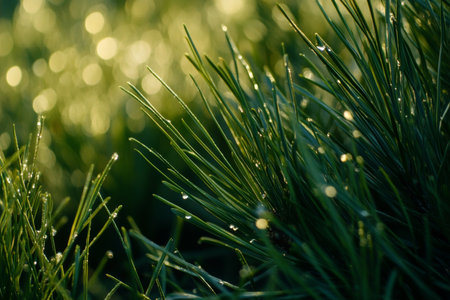 Textured pine needles, vibrant green spikes with small dewdrops under sunlight, fresh and organicの素材