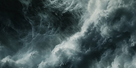 A dramatic stormy ocean with towering waves and a dark, moody sky. The turbulent water creates a powerful and intense atmosphere.の素材