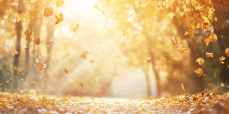 A tranquil forest path covered in golden autumn leaves. The sunlight filters through the trees, creating a warm and serene setting.の素材