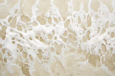 Textured seafoam on wet sand, intricate white foam patterns blending into beige grains, coastal and dynamicの素材