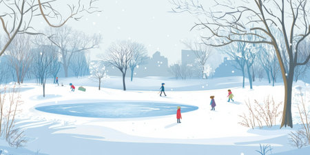 A tranquil winter park with snow-covered trees, a frozen pond, and children playing in the distance. The peaceful and playful atmosphere is perfect for seasonal themes.の素材