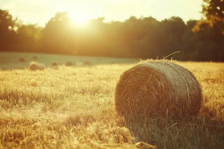 Textured golden haystack, dense bundles of straw glowing under soft sunlight, rustic and organicの素材