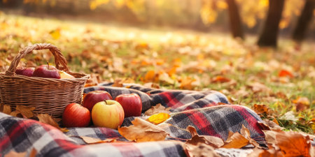 A cozy autumn picnic setting with a plaid blanket, a basket of apples, and falling leaves. The warm colors and natural setting create a nostalgic, seasonal vibe.の素材