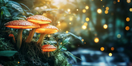 A mystical enchanted forest with glowing mushrooms, sparkling streams, and soft light filtering through dense foliage. The magical setting is perfect for fantasy themes.の素材