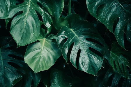 Textured rain-washed leaves, glossy green surfaces with visible droplets under soft light, fresh and detailedの素材