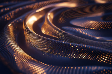Abstract glowing helix pattern, intricate golden spirals illuminated softly on a dark background, futuristic and elegantの素材