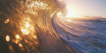 A dynamic ocean wave breaking on the shore, with sunlight sparkling on the water droplets. The energetic and natural scene captures the power of the sea.の素材