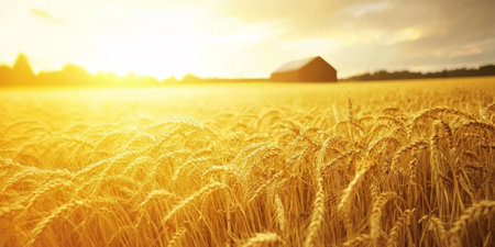 A serene countryside barn surrounded by golden fields of wheat under a soft orange sunset. The rustic and nostalgic setting evokes a sense of simplicity and peace.の素材
