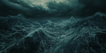 A dramatic stormy ocean with towering waves and a dark, moody sky. The turbulent water creates a powerful and intense atmosphere.の素材
