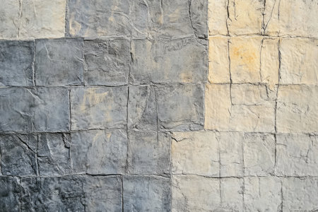 Textured stone pavement, gray and beige tiles with natural weathering and earthy tones, tactile and robustの素材