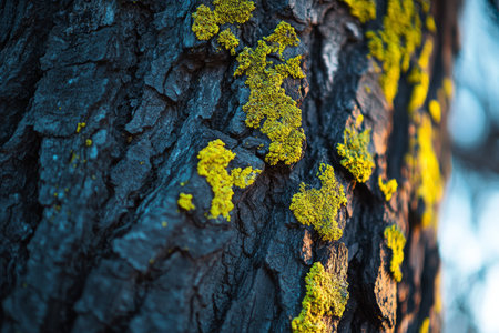Textured tree trunk with moss, rugged brown bark covered in vibrant green patches, natural and rusticの素材
