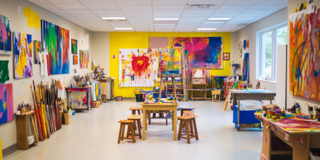 A vibrant art studio filled with canvases, paint splatters, and colorful tools of creativity. The lively and inspiring space is perfect for artistic themes.の素材