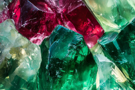 Abstract molten gemstone texture, radiant emerald and ruby flows blending dynamically, luxurious and vibrantの素材