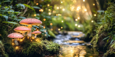 A mystical enchanted forest with glowing mushrooms, sparkling streams, and soft light filtering through dense foliage. The magical setting is perfect for fantasy themes.の素材