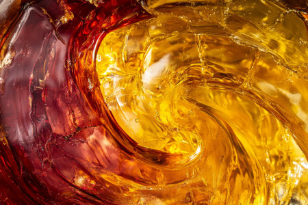 Abstract molten gemstone swirl, glossy ruby and amber waves blending seamlessly, intense and radiantの素材