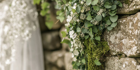 A rustic stone wall covered with ivy and moss. The natural textures and earthy tones evoke a sense of history and charm, suitable for vintage or outdoor themes.の素材