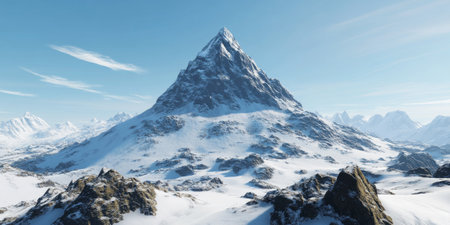 A snowy mountain peak under a clear blue sky, with the foreground featuring rugged rocks and patches of snow. The crisp and serene scene is perfect for adventure or exploration themes.の素材