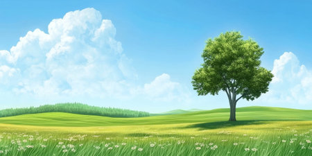 A peaceful countryside field with a lone tree standing under a bright blue sky. The simple, open landscape evokes a sense of freedom and tranquility.の素材