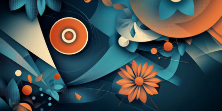 A modern abstract background with geometric shapes in vibrant colors like teal, orange, and navy blue. The design includes overlapping triangles, circles, and lines, creating a dynamic and eye-catching visual for creative projects.の素材