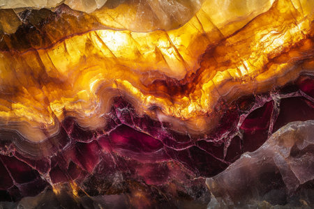 Abstract molten gemstone swirl, glossy ruby and amber waves blending seamlessly, intense and radiantの素材