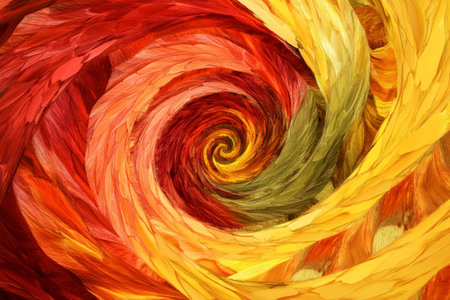 Abstract fiery vortex texture, dynamic red and yellow spirals radiating intense heat, dramatic and boldの素材