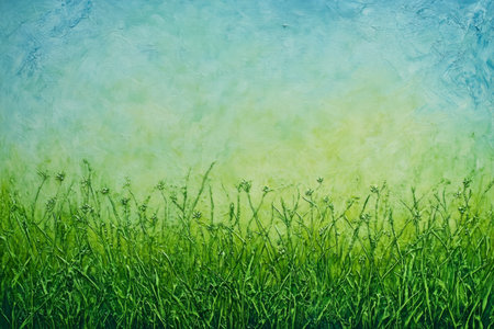 Textured grassy meadow, vibrant green blades with wildflower accents under a sunny sky, lush and calmingの素材
