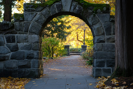 Textured stone archway, rugged gray stones with mossy details under soft golden light, historic and tactileの素材