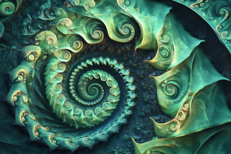 Abstract luminous fractal texture, intricate green and blue spirals glowing dynamically in a dark expanse, celestial and captivatingの素材