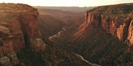 A dramatic canyon landscape at sunrise, with rugged cliffs and a winding river cutting through the valley. The warm light highlights the red and orange hues of the rocks, creating a breathtaking natural vista.の素材