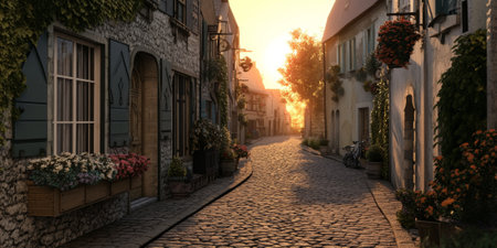 A peaceful cobblestone street in a quaint European village, lined with charming stone cottages and colorful flower boxes. The warm golden light of sunset bathes the scene, creating a cozy and nostalgic atmosphere.の素材