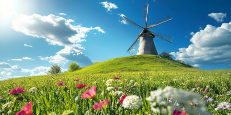 A classic countryside windmill on a hill surrounded by lush green fields and wildflowers. The sky is bright blue with fluffy clouds, evoking a serene and timeless rural setting.の素材