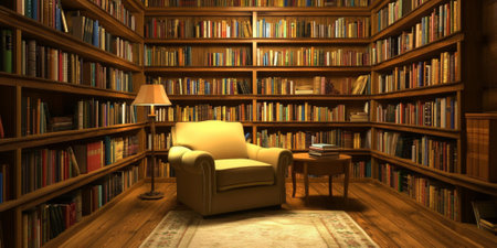 A cozy library corner with tall wooden bookshelves filled with books. A comfortable armchair sits by a small table with a lamp casting warm light. The setting is quiet and inviting, ideal for literature or study themes.の素材