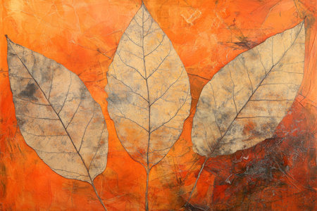 Textured dry leaves, layered orange and brown tones with delicate natural veins, warm and organicの素材