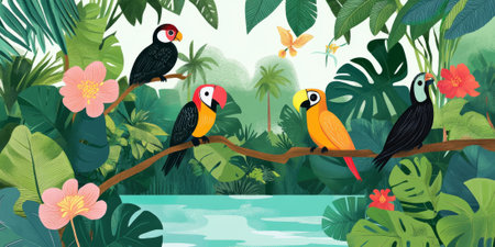 A vibrant jungle scene with a flowing river, exotic plants, and colorful birds perched on branches. The lush greenery and lively fauna create an adventurous and tropical vibe.の素材