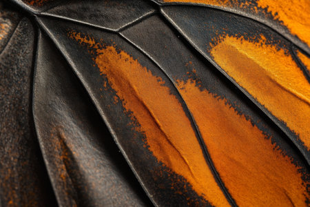 Textured butterfly wings, intricate orange and black patterns with visible veins and fine details, delicate and naturalの素材