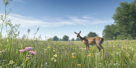 A serene meadow with grazing deer, wildflowers, and a clear blue sky. The peaceful setting feels untouched and natural, perfect for wildlife themes.の素材