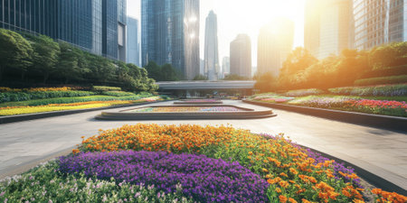 A futuristic city park with towering vertical gardens, sleek walkways, and vibrant flower beds. The setting combines nature with modern design, showing a harmonious urban environment.の素材