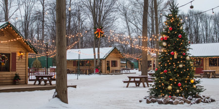 A snowy village square with charming wooden cabins, twinkling string lights, and a large decorated Christmas tree. The setting is festive and cozy, ideal for holiday themes.の素材
