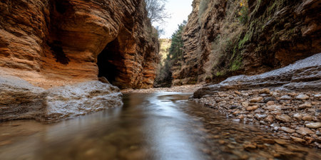 A tranquil canyon with a calm river flowing through it, surrounded by towering red rock formations. The serene and dramatic landscape is perfect for nature and adventure themes.の素材