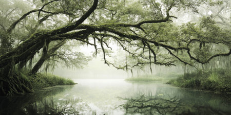 A mysterious foggy swamp with gnarled trees draped in moss, still waters reflecting the gray sky, and soft light filtering through the mist. The eerie yet captivating atmosphere is perfect for fantasy or thriller settings.の素材